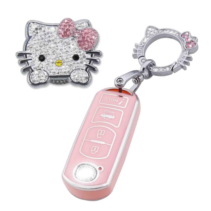 Pangpai Pink Car Accessories 3 Pcs for Mazda 3 6 8 Miata MX-5 CX-3 CX-5 CX-7 CX-9 Key Fob Cover with Bling Keychain Cute Push to Start Button Cover - Image 1